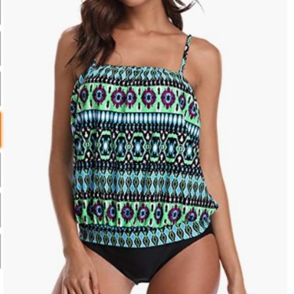 Chenghe Women's Bandeau Blouson Tankini Top High Waisted  Bottom two pieces